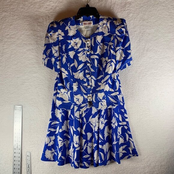 VTG Maggy London Women's Pearl Button Up Top Skirt‎ Blue Floral Silk Size 8 9184 - Picture 1 of 14